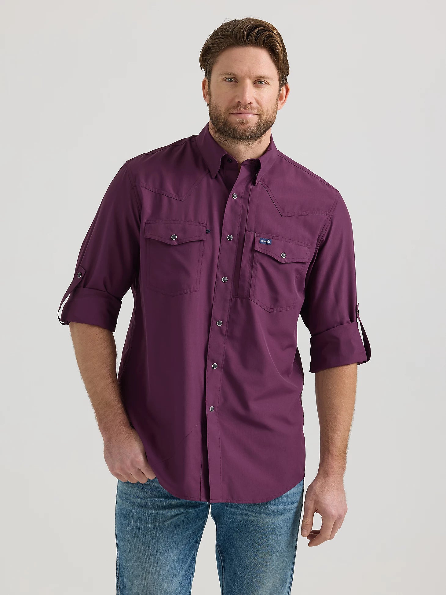 Men's Wrangler® Performance Snap Long Sleeve Solid Shirt in Plum 112352659 Men's Wrangler® Performance Snap Long Sleeve Solid Shirt in Plum 112352659