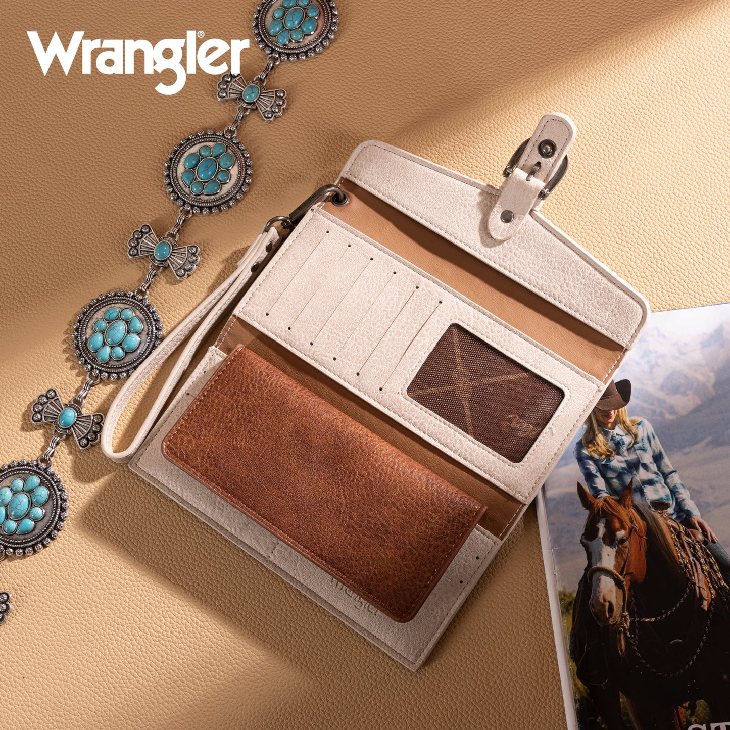 Wrangler® Western Tri-fold RFID Wallet/Wristlet With Detachable Credit Card Holder WG195-W055BR-TN