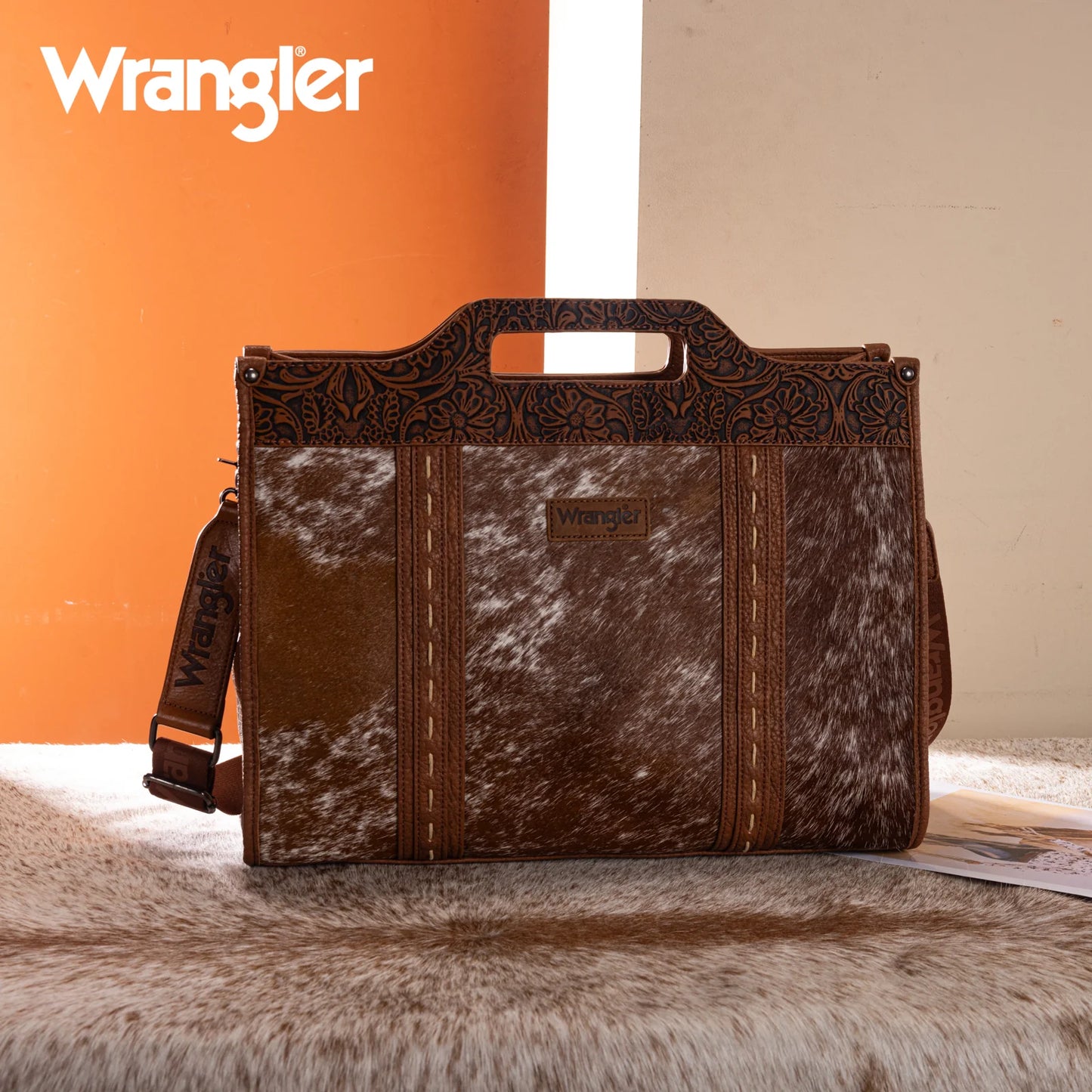 Wrangler® Genuine Cowhide Carry-All Cowhide Large Tote /Crossbody Brown WG283-014BR