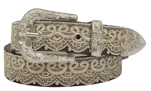 Angel Ranch Women's Belt 1 1/2" Brown Tan Lace & Bead Overlay DA3650