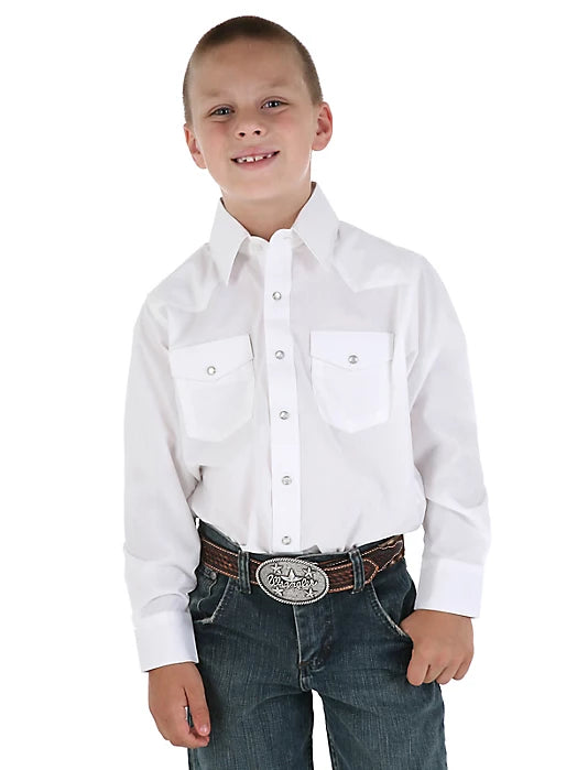 Wrangler® Boy's White Long Sleeve Dress Western Snap Shirt In White 204WHSL