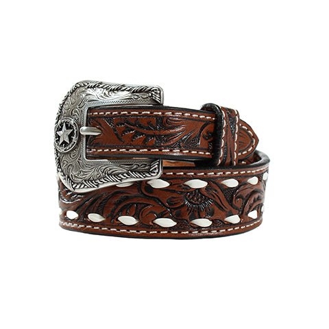 3D® Boy's Belt 1 1/4" Tooled Floral Buck Lacing Brown D120002602