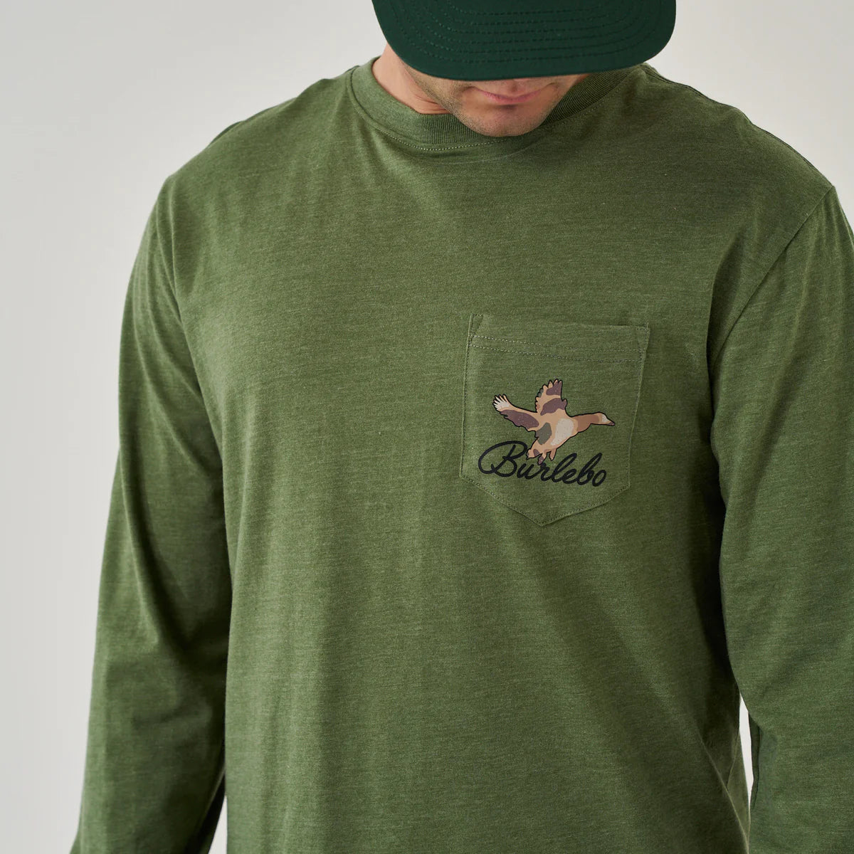 Burlebo® Men's Long Sleeve Tee - Ducks Flying In - Heather Olive LST-DFI-HO