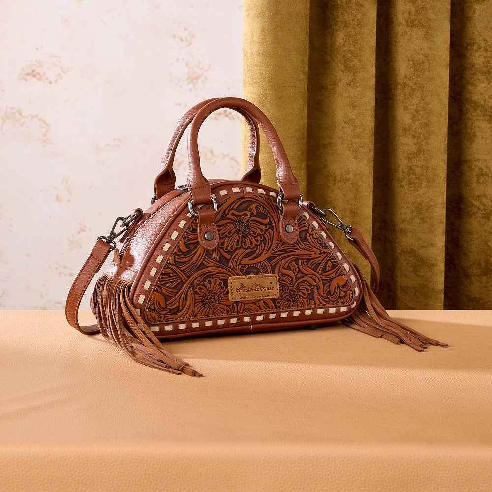Montana West® Tooled Floral Fringe Dome Satchel Bag Brown MW1363-889BR