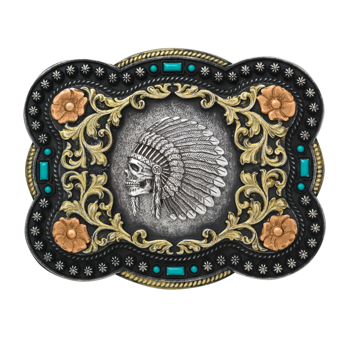 Nocona® Rectangle Indian Chief Skull Buckle 37038