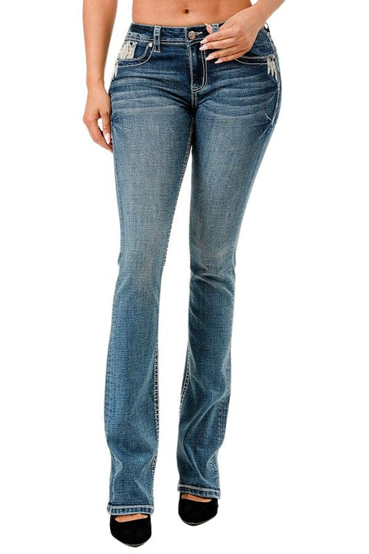 Grace in LA® Women's Buckle Feather Embellished Pocket Medium Wash Denim Bootcut Jeans EB81765