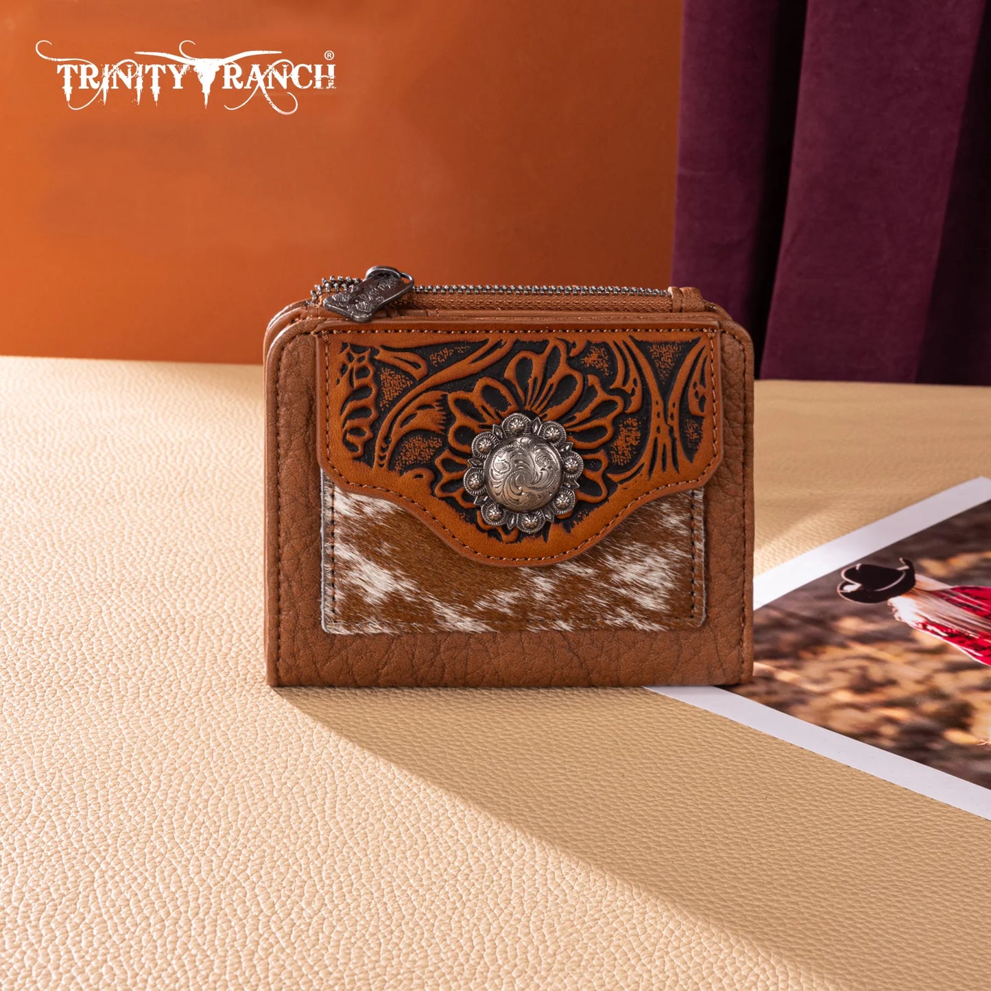 Trinity Ranch® Hair-On Cowhide Tooled Collection Wallet TR203-W2003BR