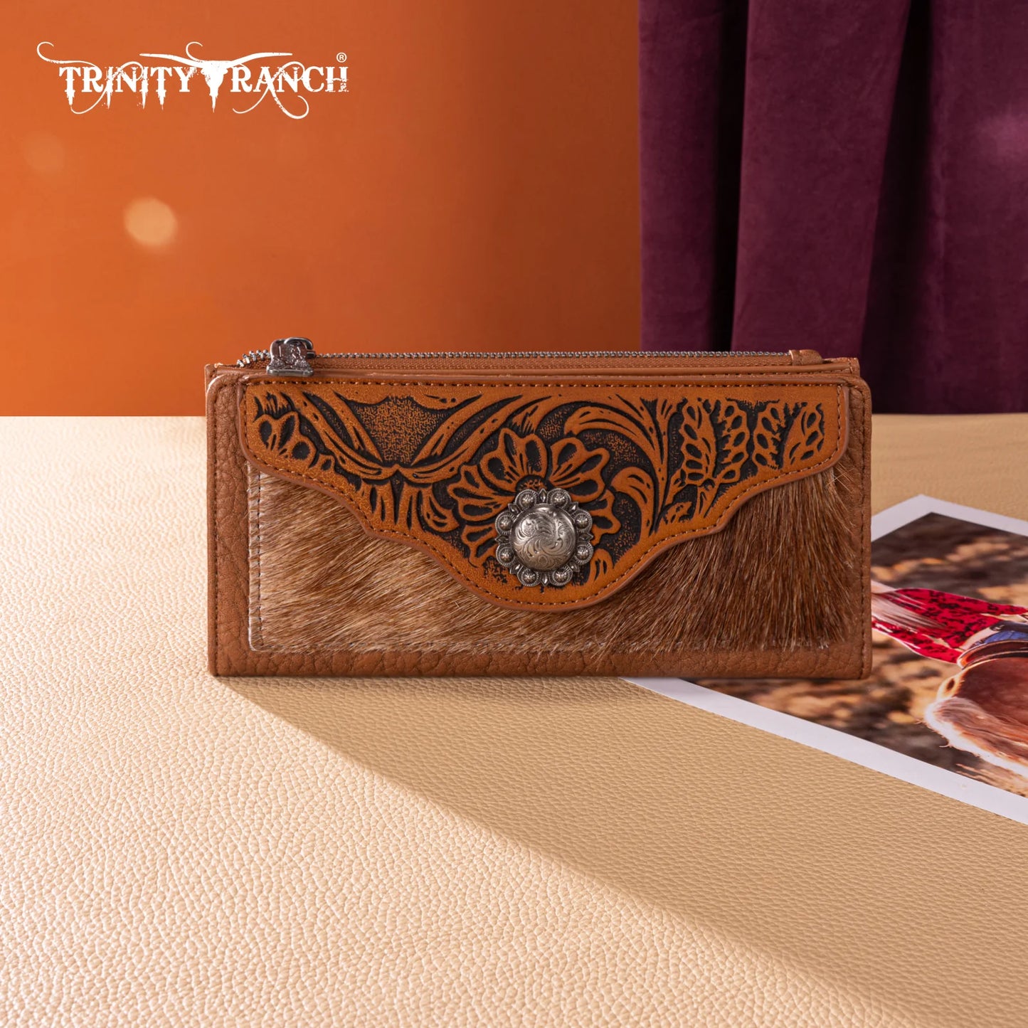 Trinity Ranch® Hair-On Cowhide Tooled Collection Wallet TR203-W2002BR