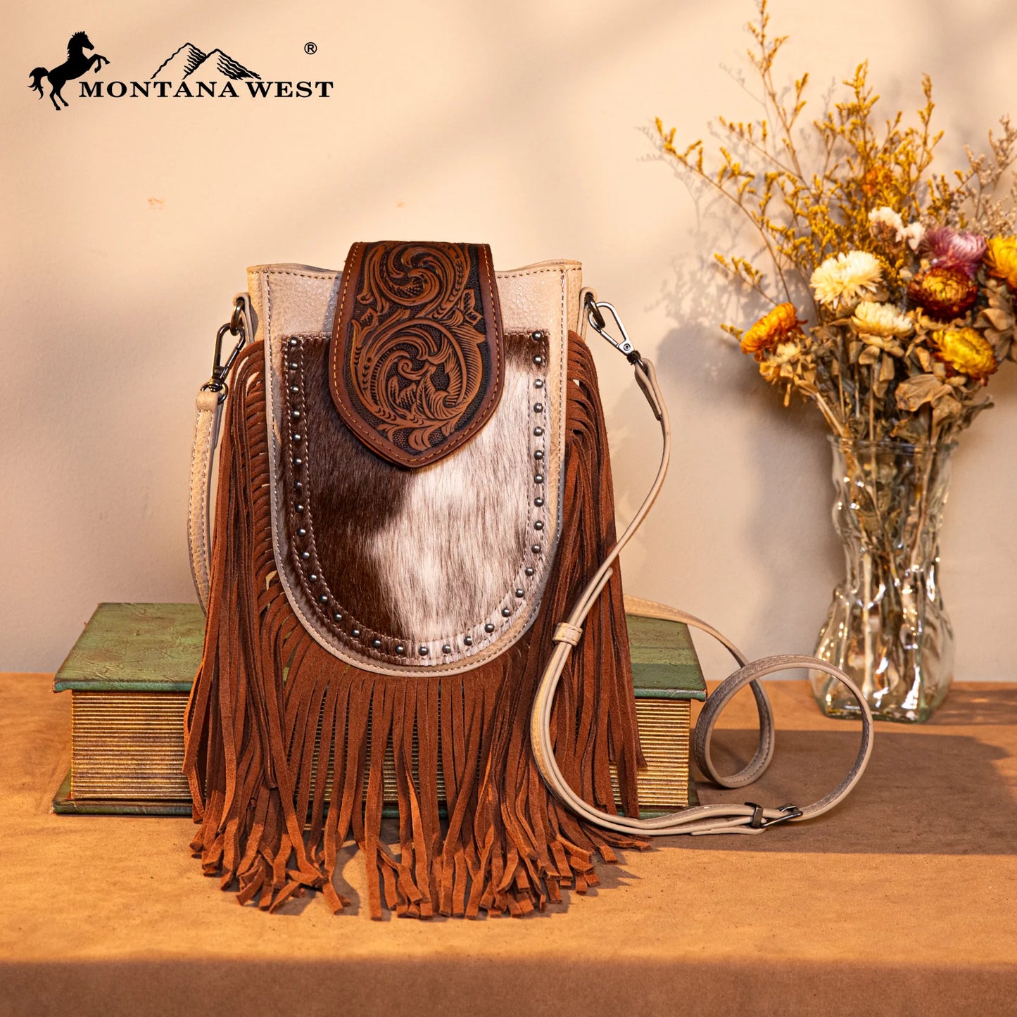 Trinity Ranch® Genuine Hair-On Cowhide Tooled Fringe Crossbody Bag- Tan TR180-8360TN