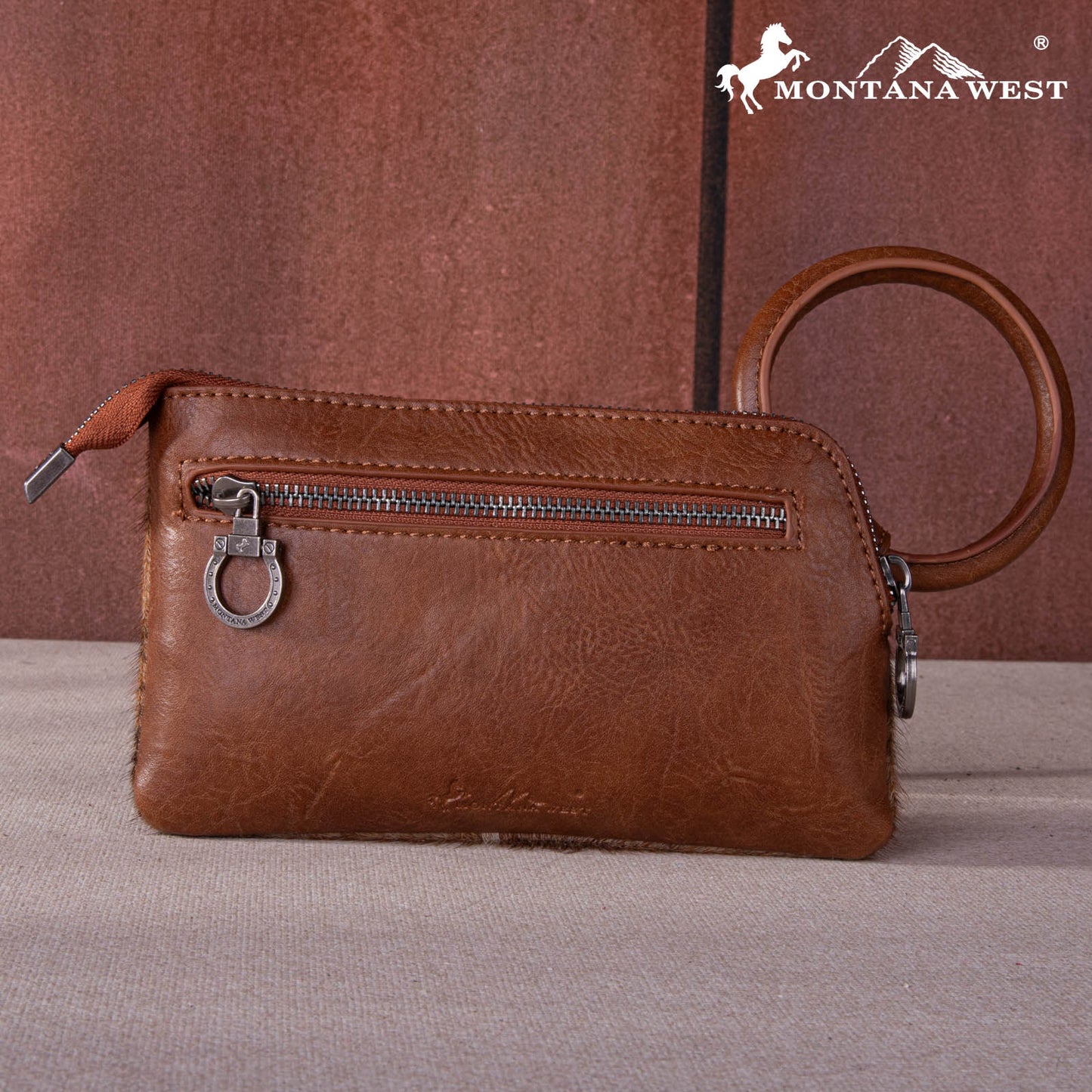 Montana West® Genuine Hair-On Cowhide Ring Handle Wristlet Clutch Bag MW1260-A181BR