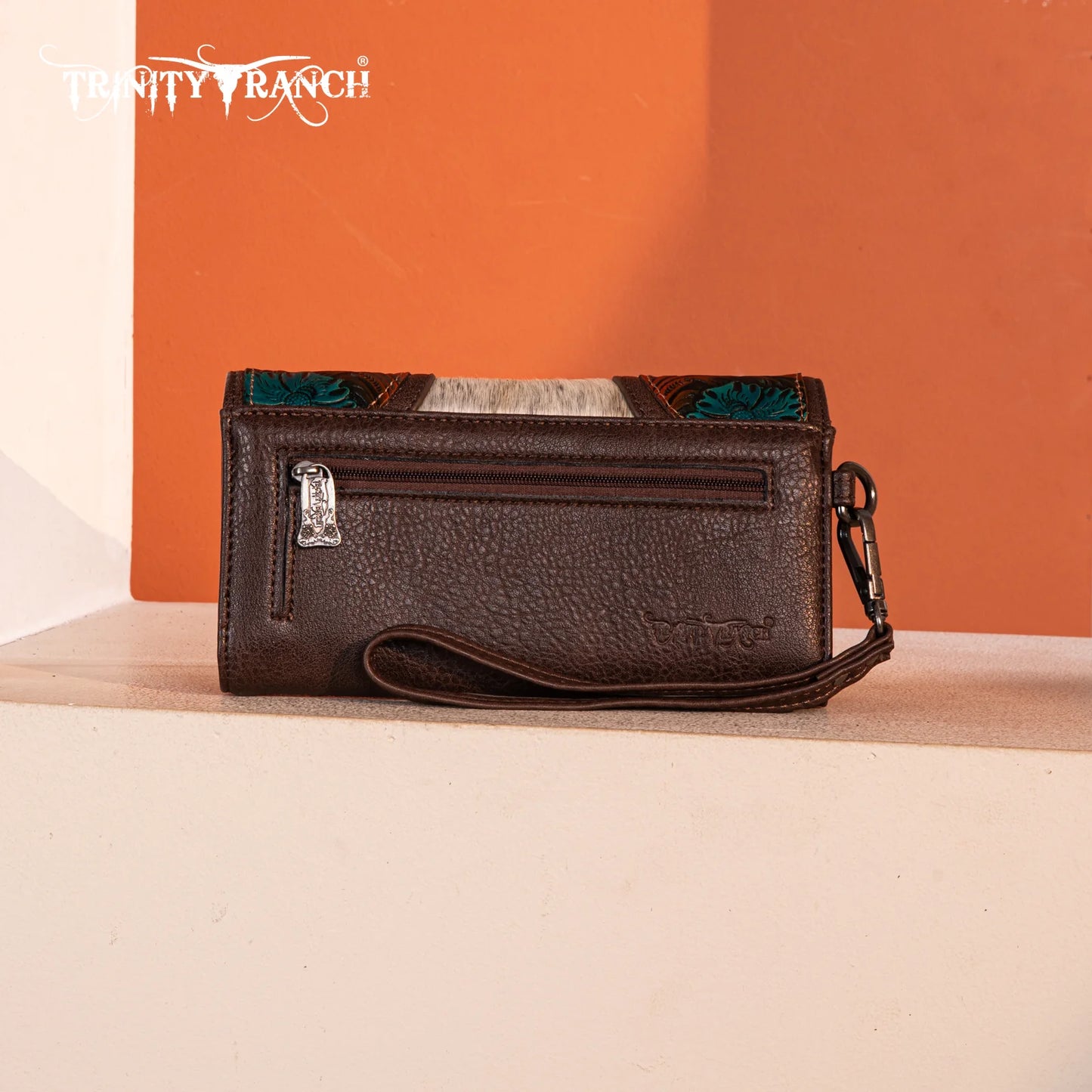 Trinity Ranch® Genuine Hair-On Cowhide & Floral Tooled Collection Wallet Coffee TR187-W002CF