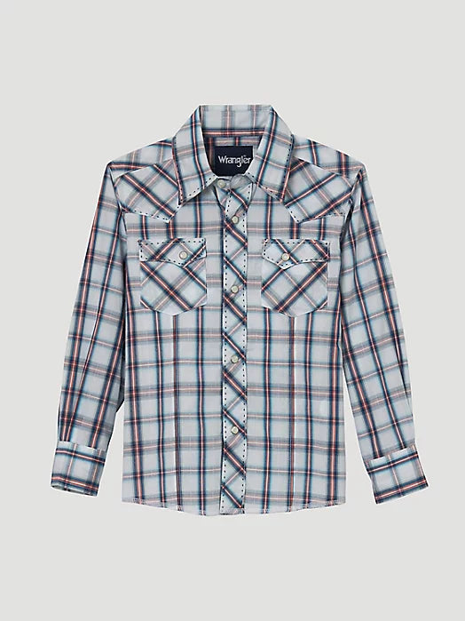 Wrangler® Boy's Long Sleeve Western Snap Plaid Shirt In Pale Grey 112344825