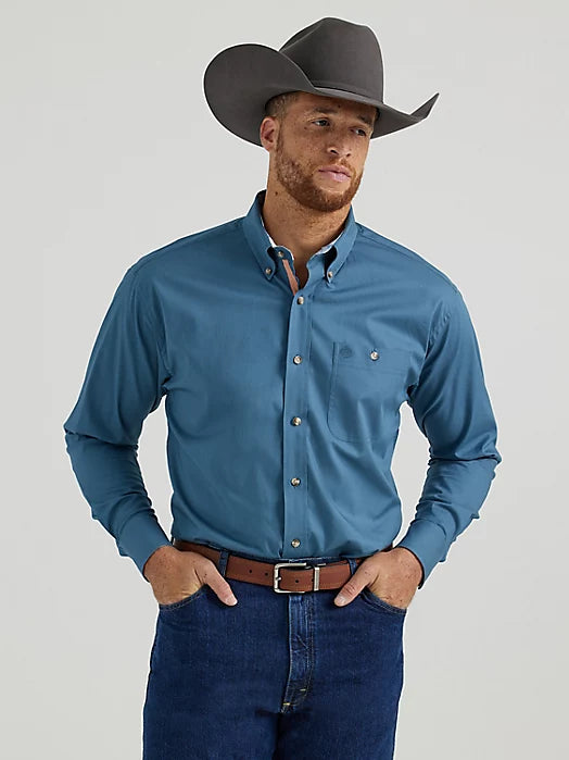 Men's Wrangler® George Strait™ Long Sleeve Button Down One Pocket Shirt In Steel Blue 112344866