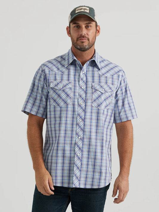 Men's Wrangler® 20X® Competition Advanced Comfort Short Sleeve Western Snap Print Shirt In River Plaid 112346044