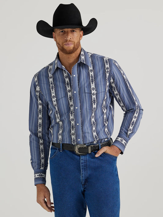 Men's Checotah® By Wrangler® Long Sleeve Western Snap Printed Shirt In Navy 112346070