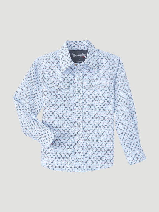 Boy's Wrangler® 20X® Advanced Comfort Western Snap Print Shirt In Blue Vibes 112346278