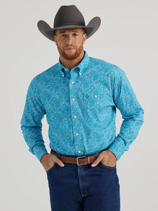 Wrangler® George Strait™ Long Sleeve Button Down One Pocket Shirt In Paisley Aqua 112346294