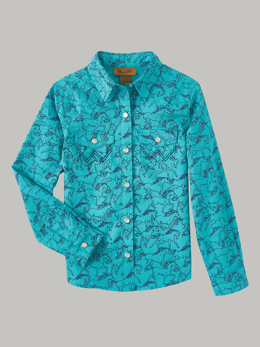 Girl's Wrangler® Long Sleeve Cowgirl Horse Print Snap Shirt in Teal 112346585