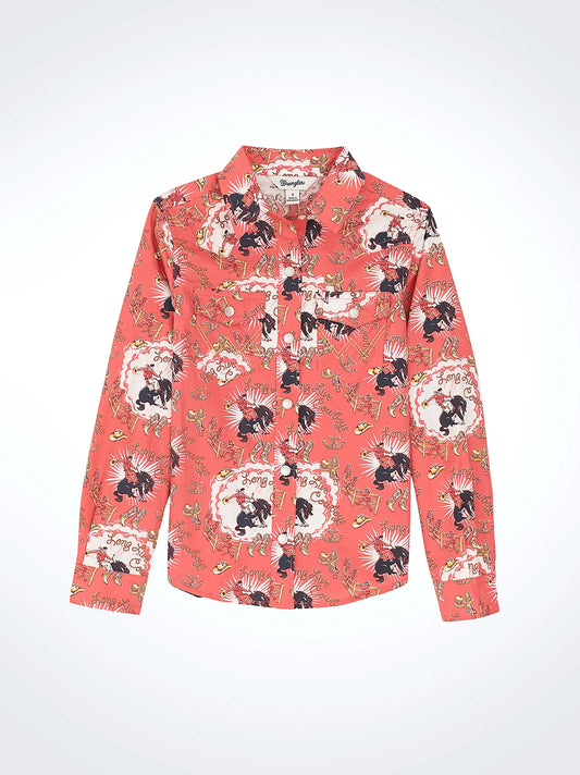Wrangler® Girl's Cowboy Horse Print Western Snap Shirt 112367473