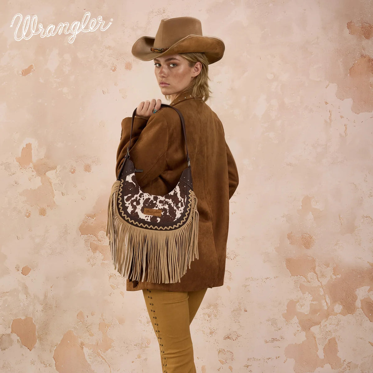 Wrangler® Cow Print Fringe Shoulder Hobo Bag Coffee WG444-818CF