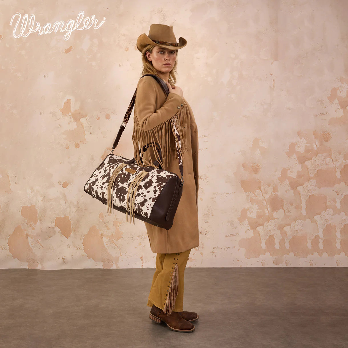 Wrangler® Cow Print Fringe Duffle/Crossbody Coffee WG444-5110CF