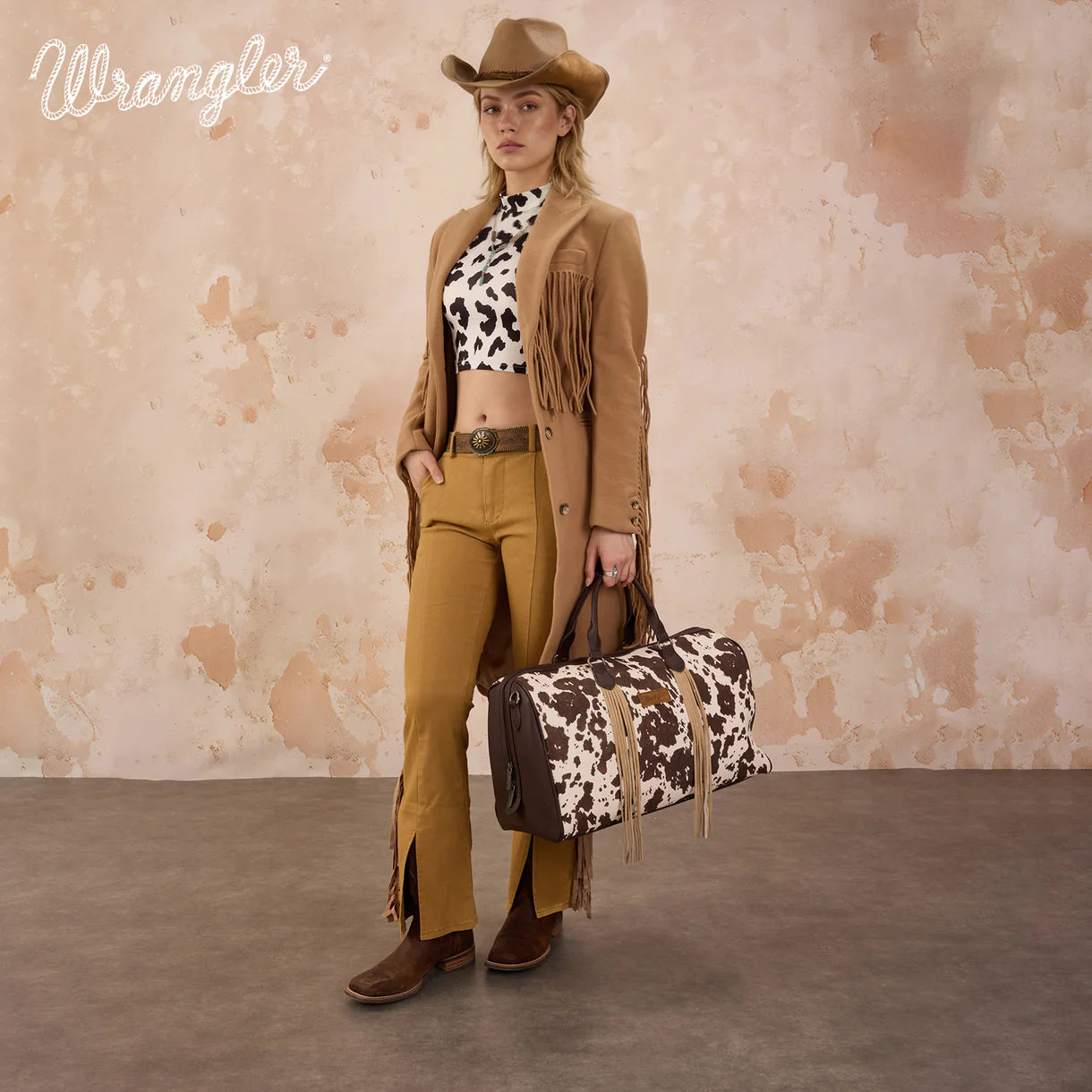 Wrangler® Cow Print Fringe Duffle/Crossbody Coffee WG444-5110CF