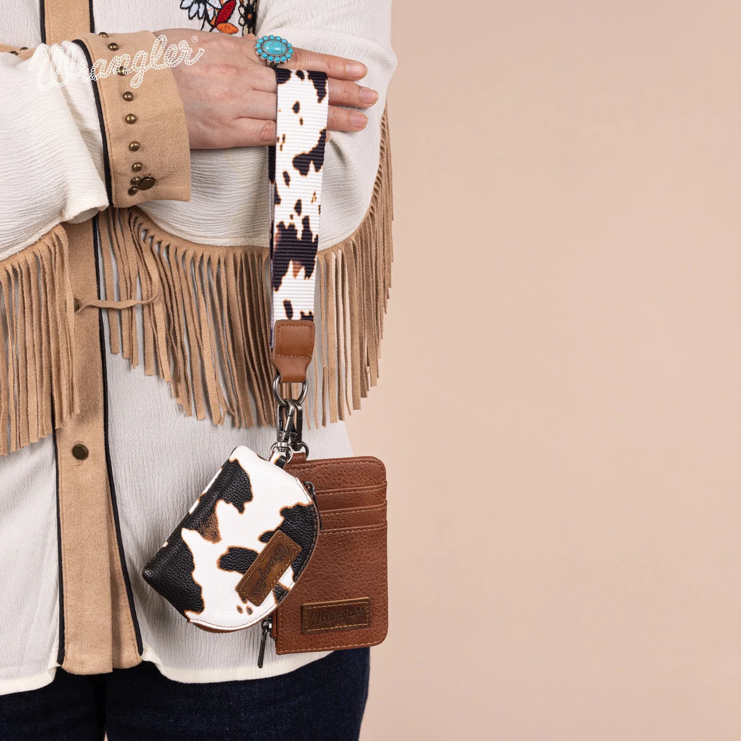 Wrangler® Cow Print Dual Pouch Wristlet Brown WG133-W0051BR