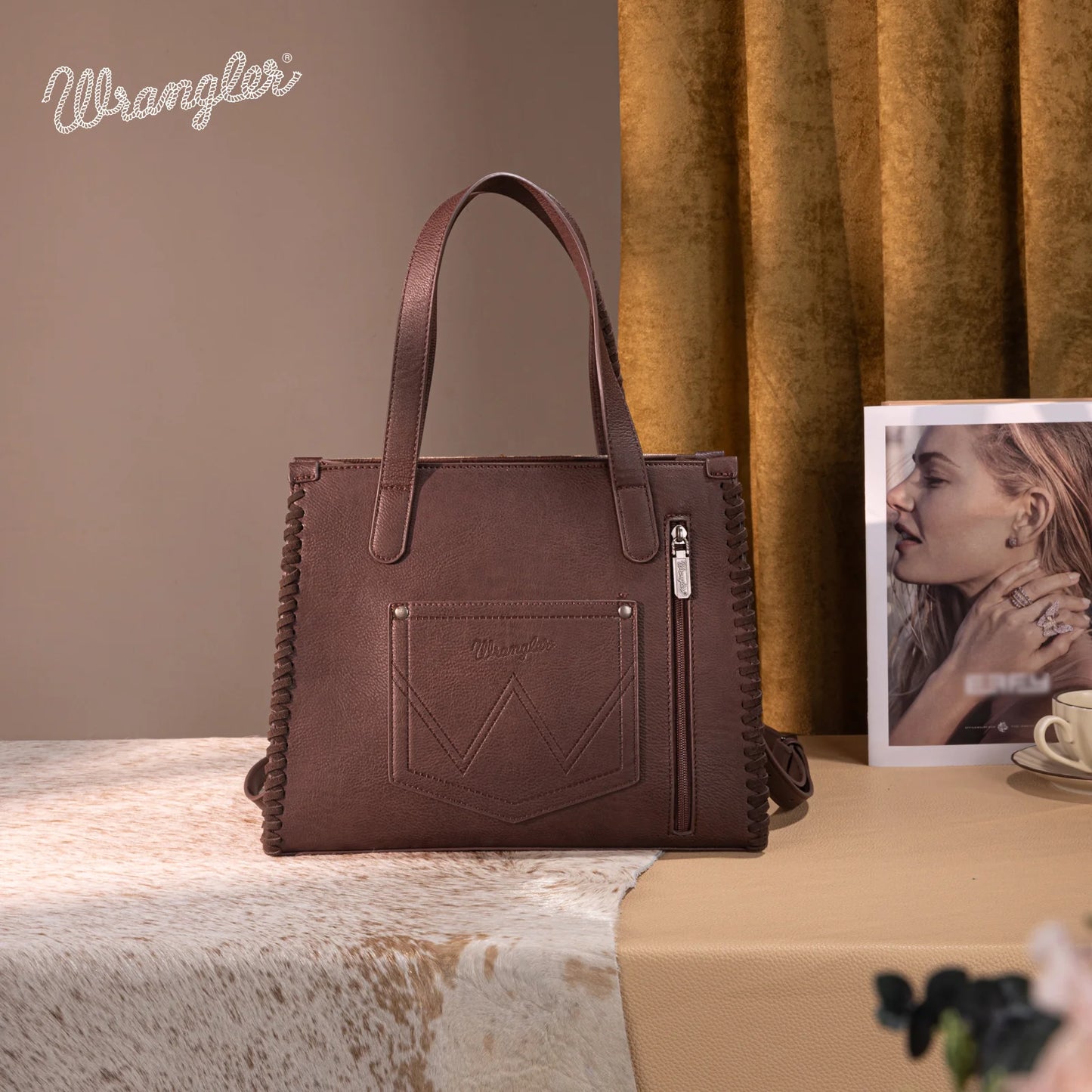 Wrangler® Vintage Retro Cowboy Cool Print Concealed Carry Satchel/Crossbody Tan WG60G-8317TN