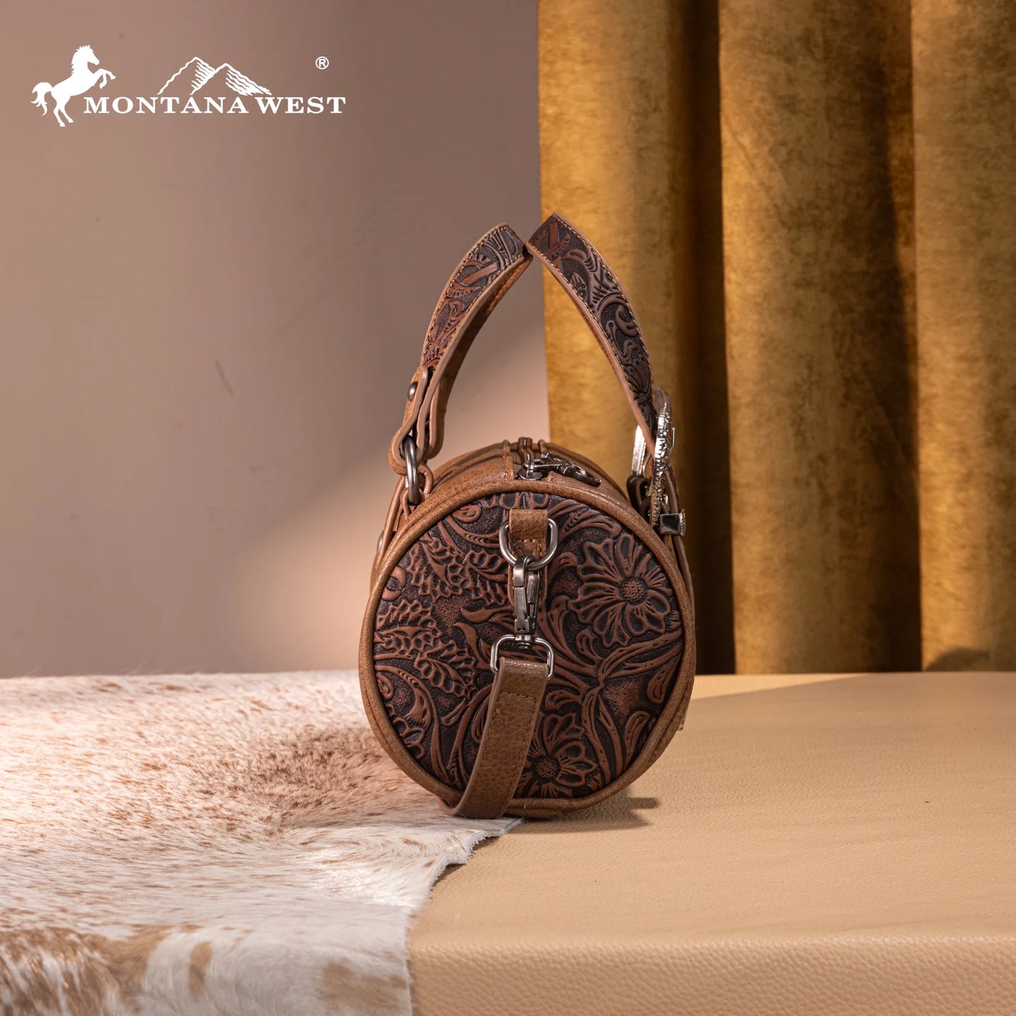 Montana West® Western Tooled Buckle Collection Mini Barrel Crossbody Bag Light Coffee MW1338-8802LCF