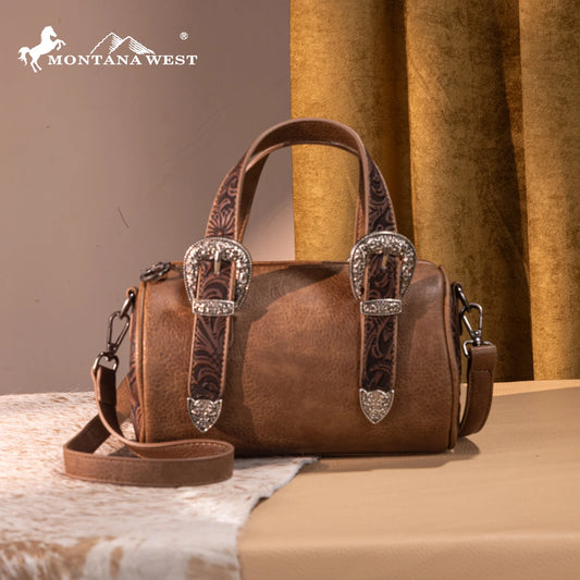 Montana West® Western Tooled Buckle Collection Mini Barrel Crossbody Bag Light Coffee MW1338-8802LCF