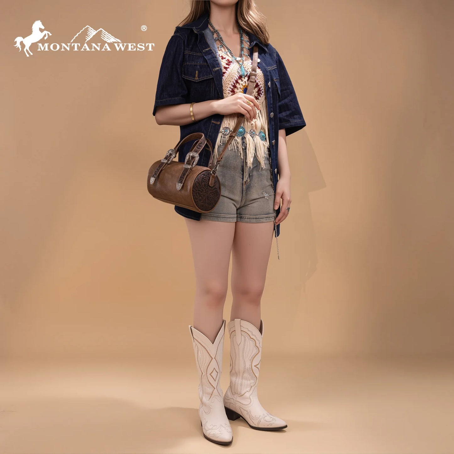 Montana West® Western Tooled Buckle Collection Mini Barrel Crossbody Bag Light Coffee MW1338-8802LCF