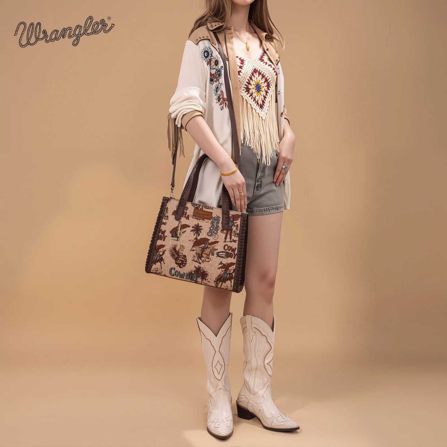 Wrangler® Vintage Retro Cowboy Cool Print Concealed Carry Satchel/Crossbody Tan WG60G-8317TN