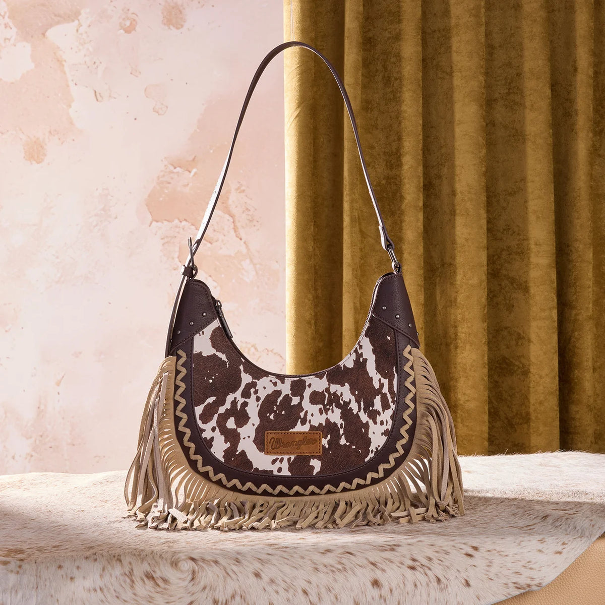 Wrangler® Cow Print Fringe Shoulder Hobo Bag Coffee WG444-818CF