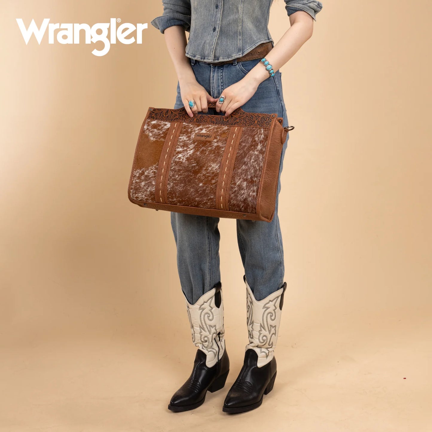 Wrangler® Genuine Cowhide Carry-All Cowhide Large Tote /Crossbody Brown WG283-014BR