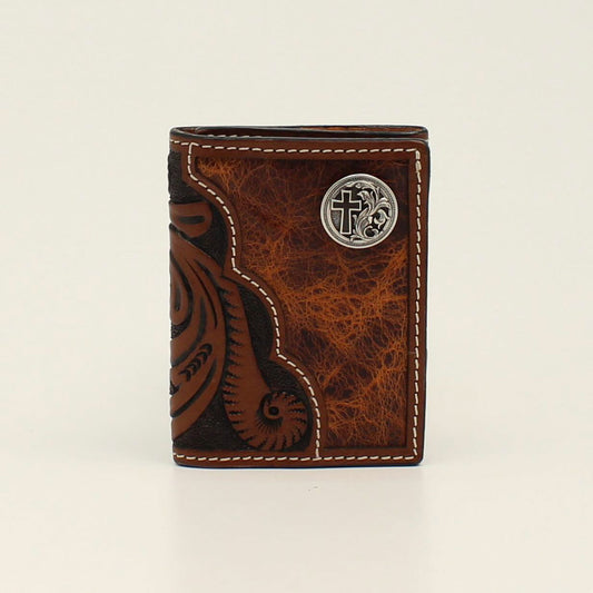 3D® Trifold Wallet Floral Tooled Round Cross Concho Brown D250001402