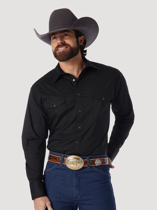 Wrangler® Western Snap Shirt Long Sleeve Solid Broadcloth In Black 71105BK