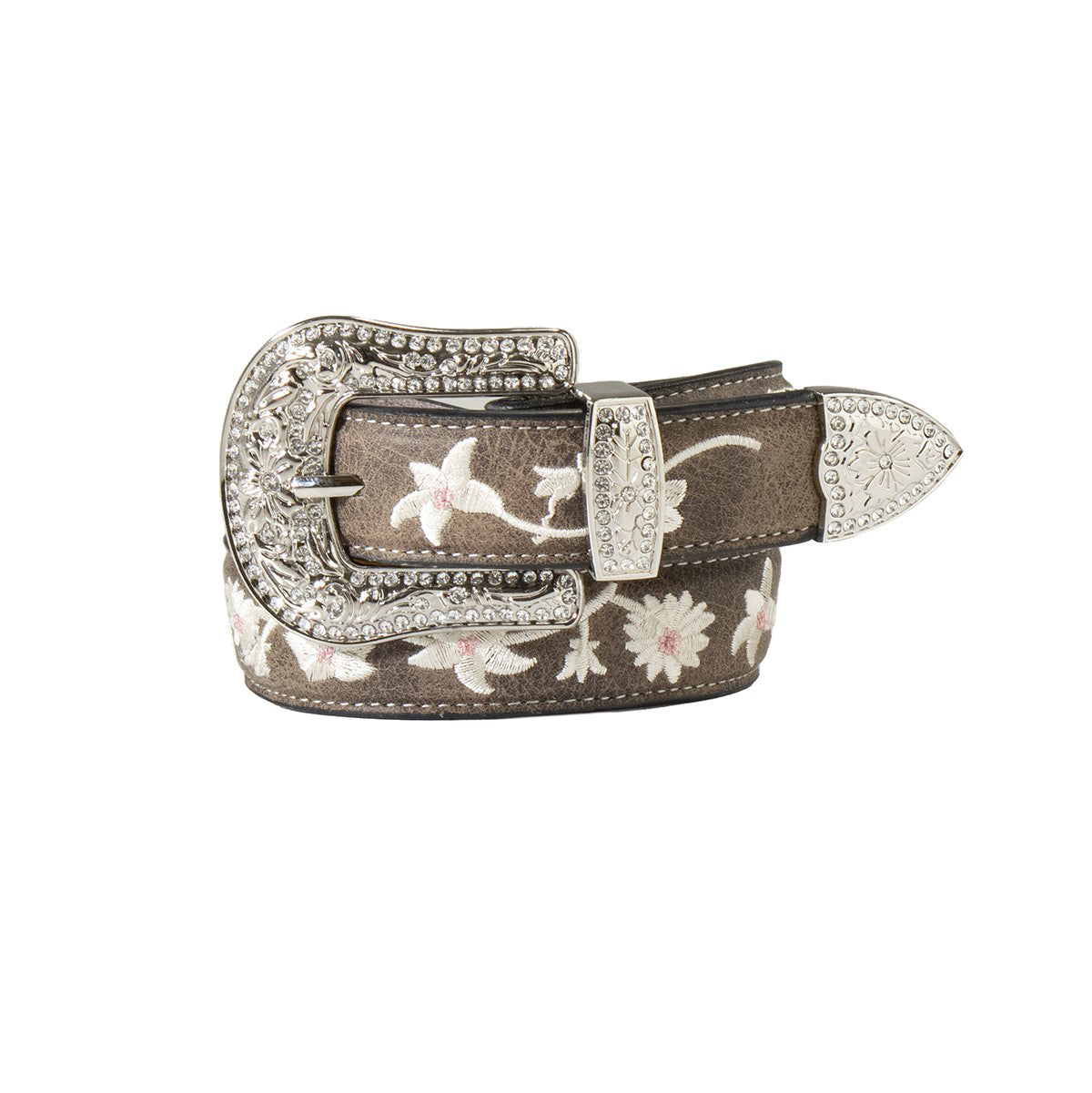 Angel Ranch® Girl's Belt 1 1/4" Floral Embroidered Grey D130003006