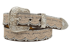 Angel Ranch® Girl's Belt 1 1/4" Tan Lace Clear Crystals Leather Brown DA3652