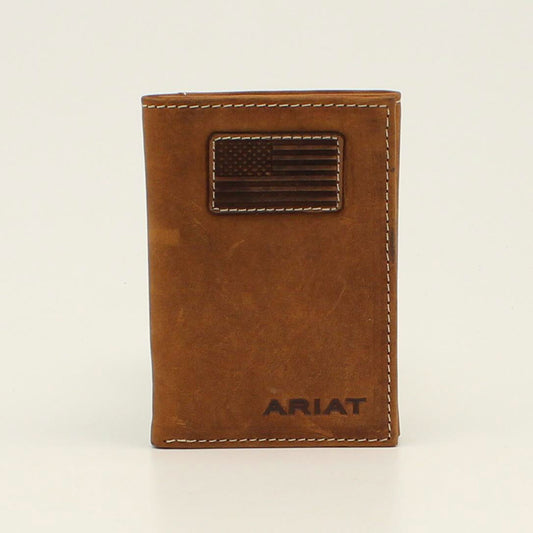 Ariat® Men's Flag Patch Trifold Medium Brown Wallet A3548444