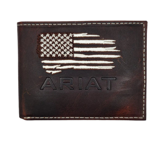 Ariat® Men's Bifold Dark Brown Distressed White Stitching American Flag A3553834