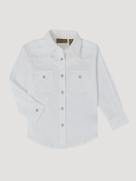 Wrangler® Girl's Classic Long Sleeve Western Snap Shirt In White GW7001W