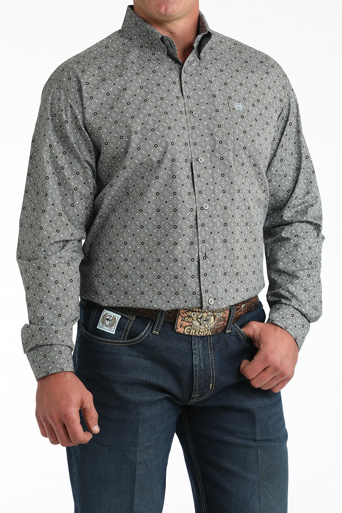 Cinch® Men's Gray Geometric Print Button-Down Shirt MTW1106005