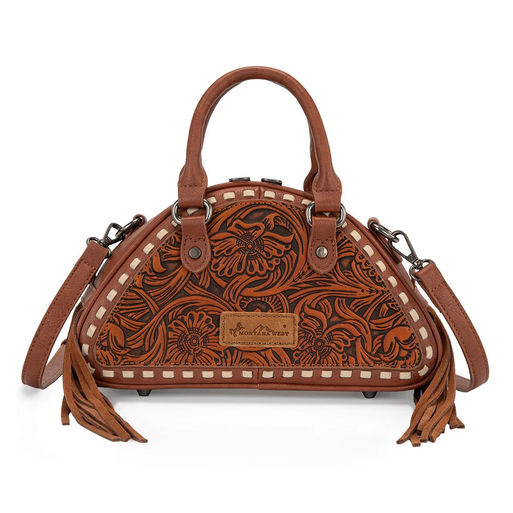 Montana West® Tooled Floral Fringe Dome Satchel Bag Brown MW1363-889BR
