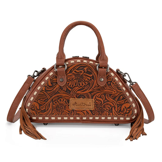 Montana West® Tooled Floral Fringe Dome Satchel Bag Brown MW1363-889BR