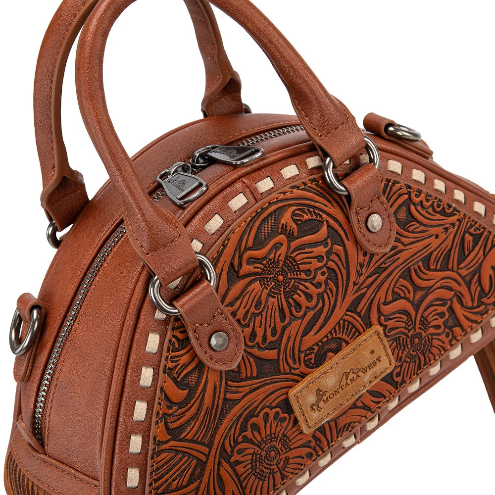 Montana West® Tooled Floral Fringe Dome Satchel Bag Brown MW1363-889BR