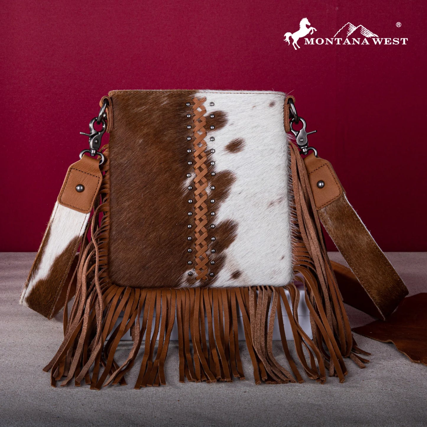Montana West® Genuine Leather Hair-On Fringe Crossbody with Detailed Leather Strap Brown RLC-L186BR