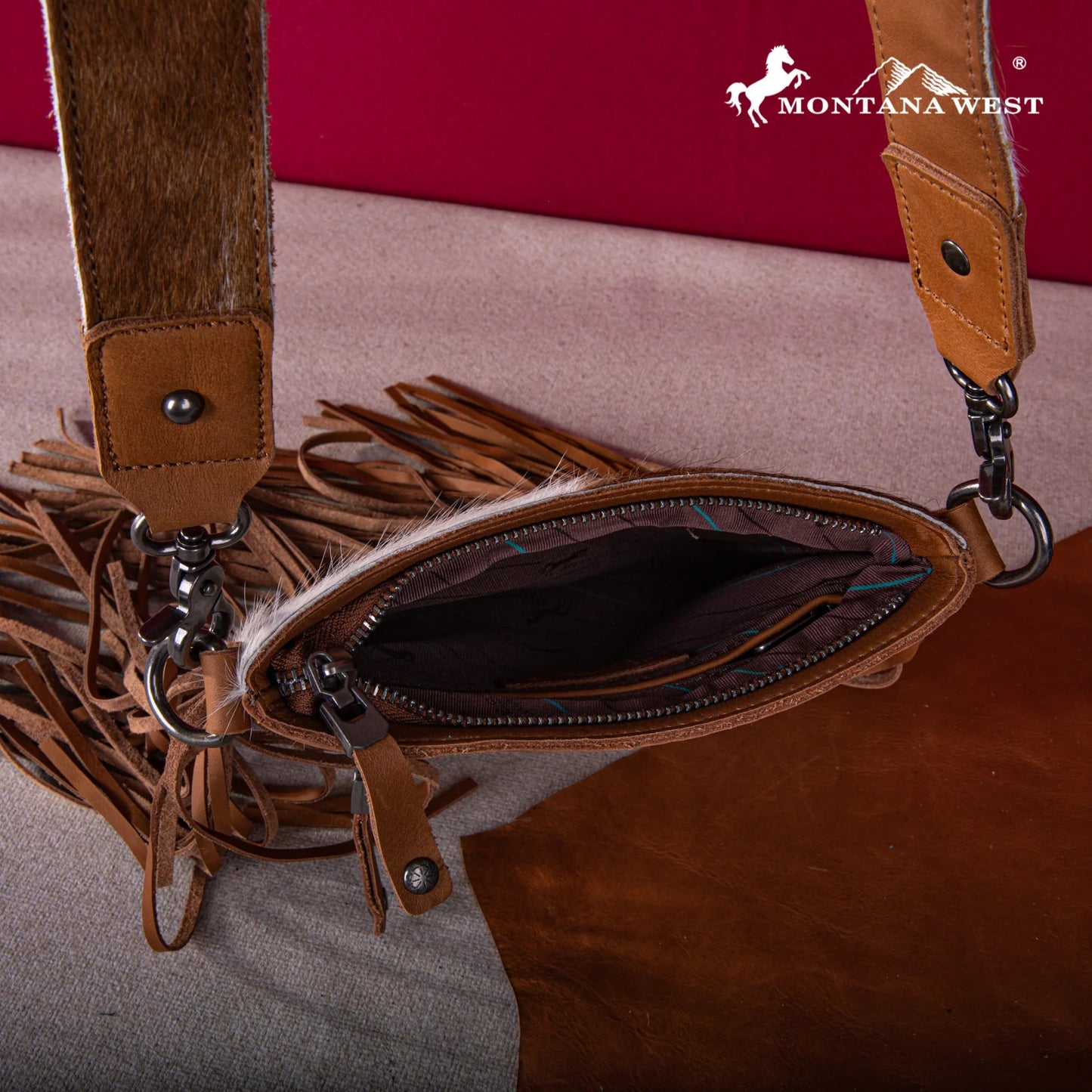 Montana West® Genuine Leather Hair-On Fringe Crossbody with Detailed Leather Strap Brown RLC-L186BR
