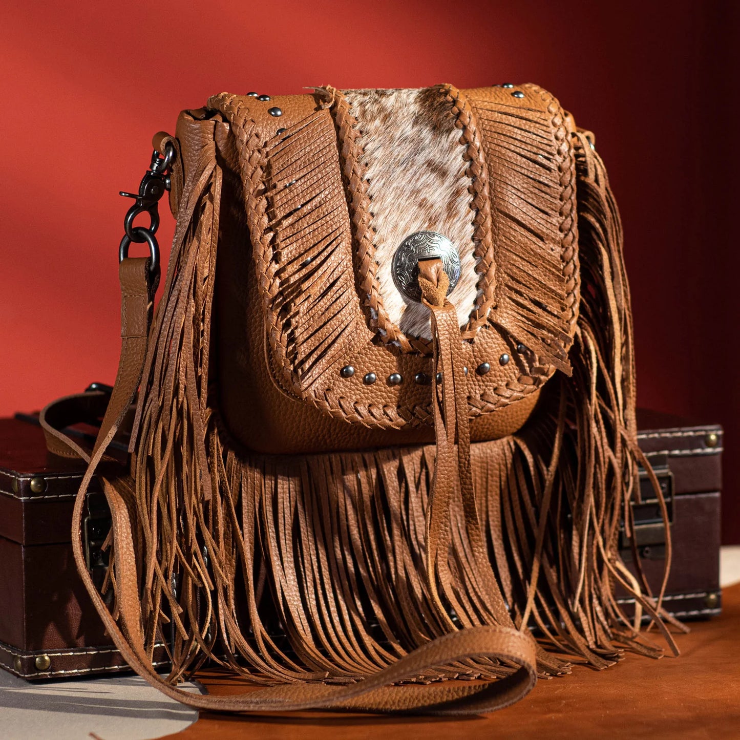 Montana West® Genuine Leather Hair-On Cowhide Fringe Bohemian Crossbody Brown MWR-054BR