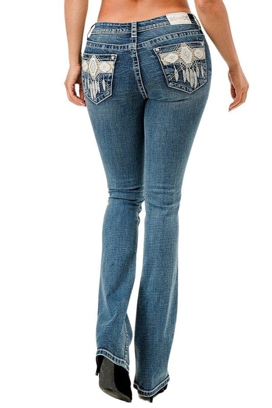 Grace in LA® Women's Buckle Feather Embellished Pocket Medium Wash Denim Bootcut Jeans EB81765