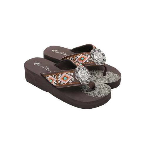 Montana West® Women's Mandala Silver Floral Rhinestones Concho Embroidered Wedge Flip-Flops SE107-S001CF